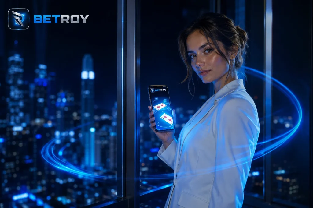 Betroy mobil: beyaz ceketli kadın, gökdelen katından gece manzarasına karşı telefonuyla