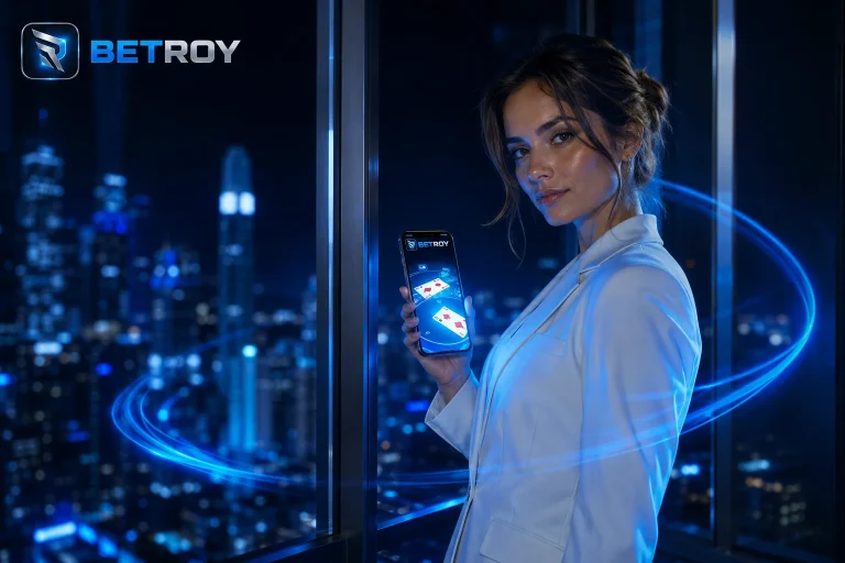 Betroy mobil: beyaz ceketli kadın, gökdelen katından gece manzarasına karşı telefonuyla