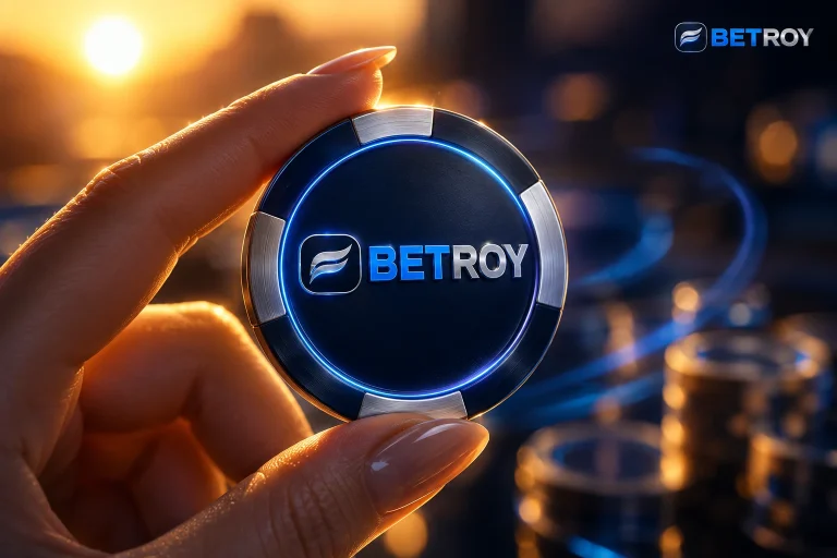 Betroy mobil: gün batımında elinde casino fişi tutan kişi ve para yığınları