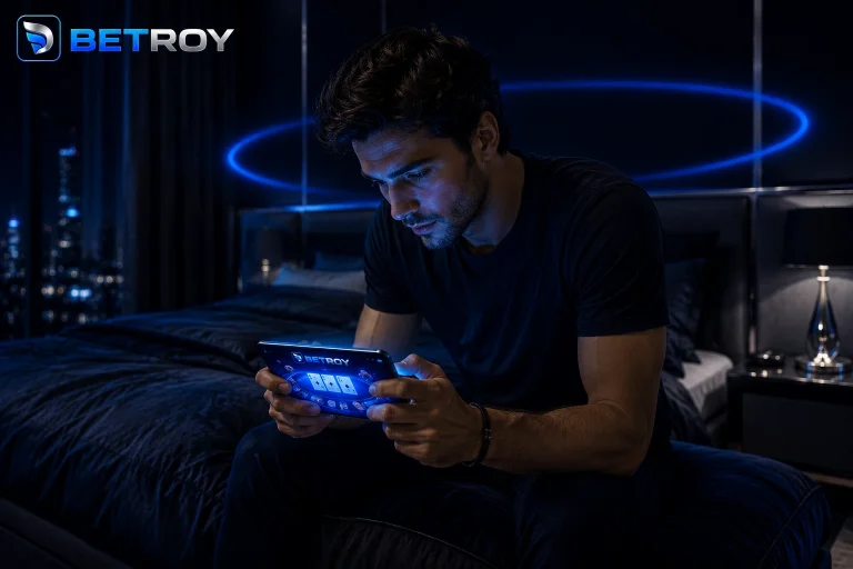 Betroy mobil: gece yatak odasında telefonundan poker oynayan genç adam