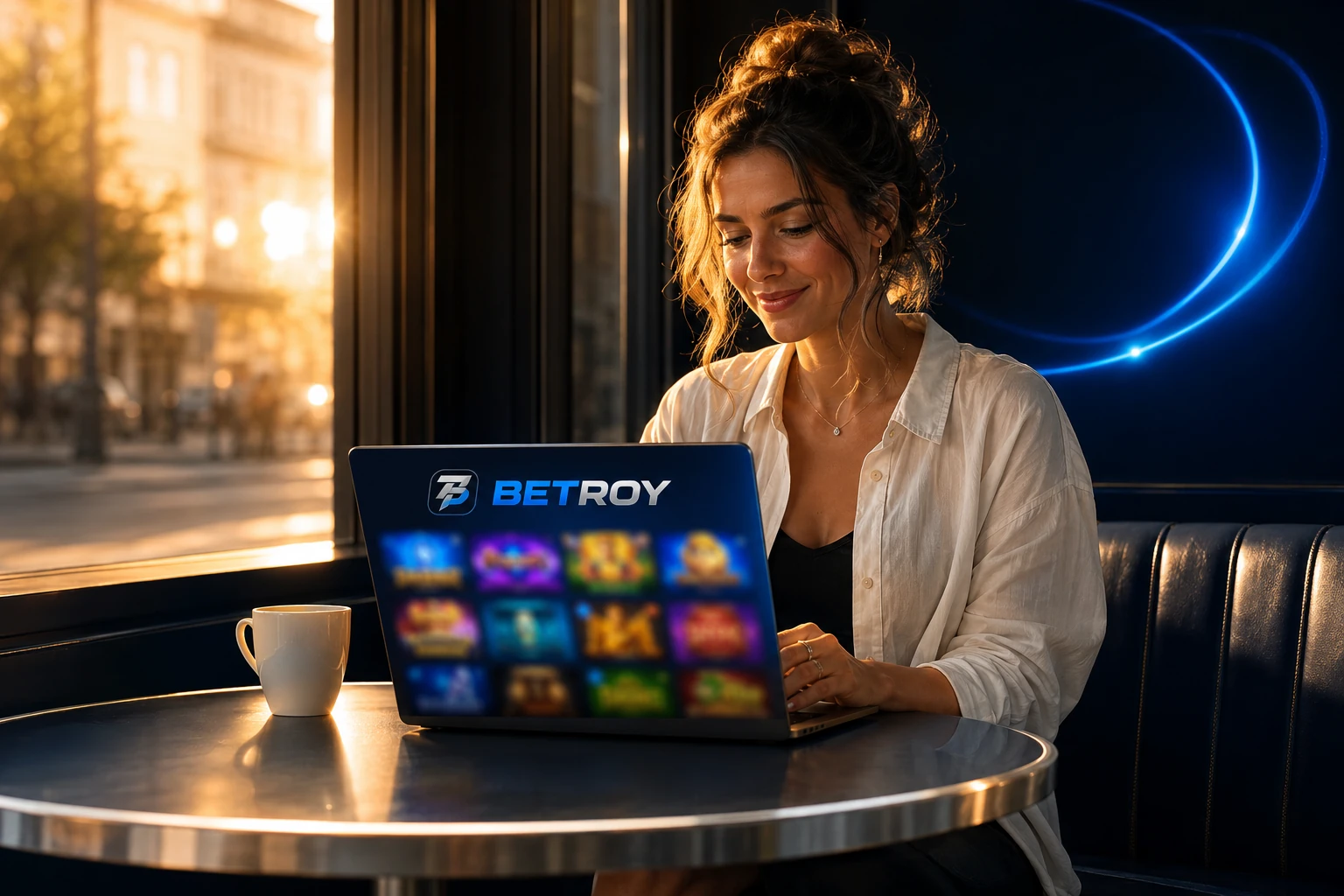 Betroy mobil: gün batımında kafede dizüstü bilgisayardan slot oyunları oynayan kadın