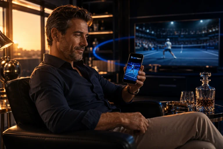 Betroy mobil: televizyonda tenis izlerken telefondan bahis yapan adam