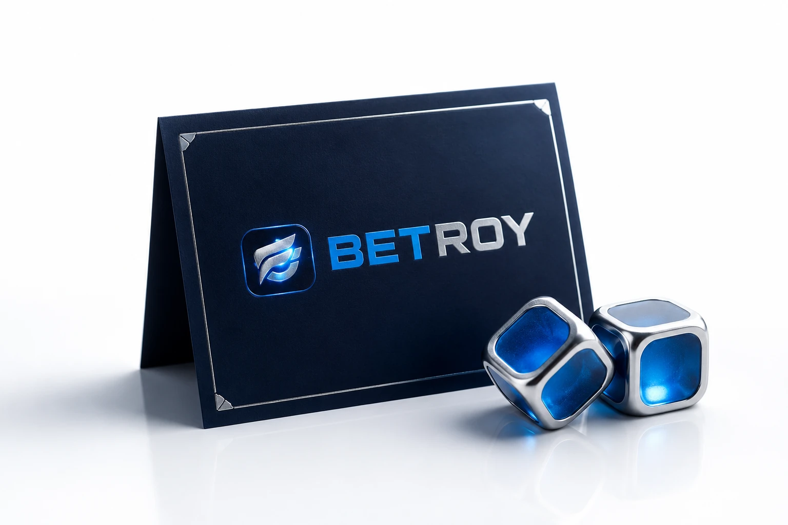 Betroy mobil: beyaz zeminde lacivert kartvizit ve krom zar