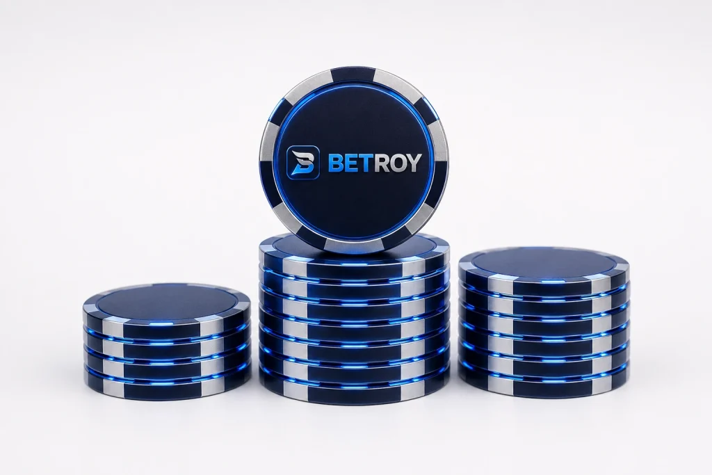Betroy mobil: beyaz zeminde mavi poker jetonu yığınları