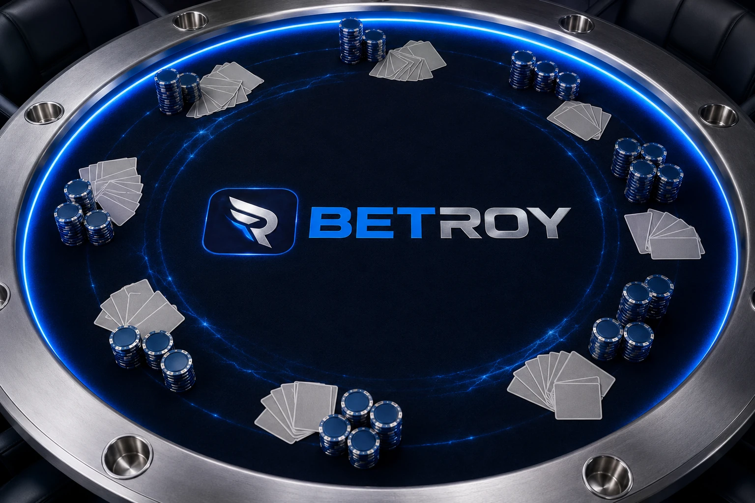 Betroy mobil: mavi neon ışıklı poker masasında jeton ve kartlar