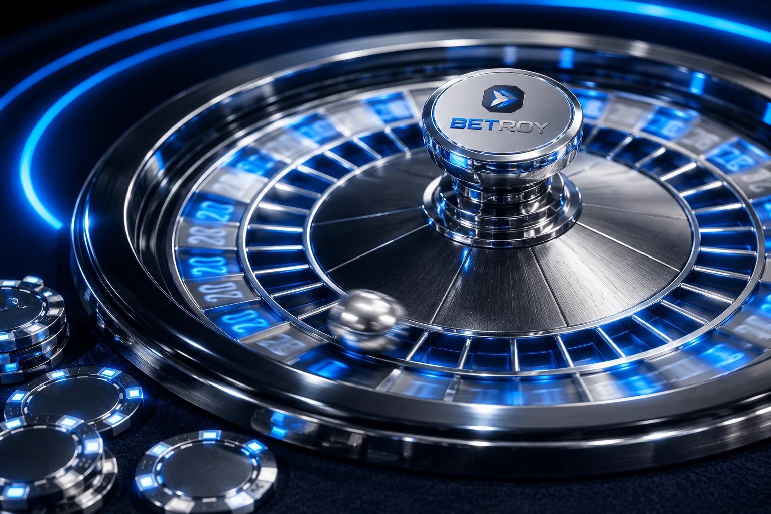 Betroy mobil: mavi neon ışıkta rulet çarkı ve casino fişleri