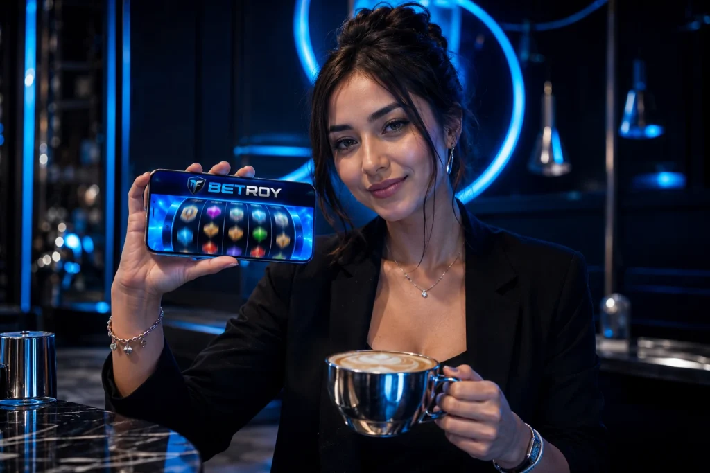 Betroy mobil: barda kahvesiyle telefonundan slot oynayan siyah ceketli kadın