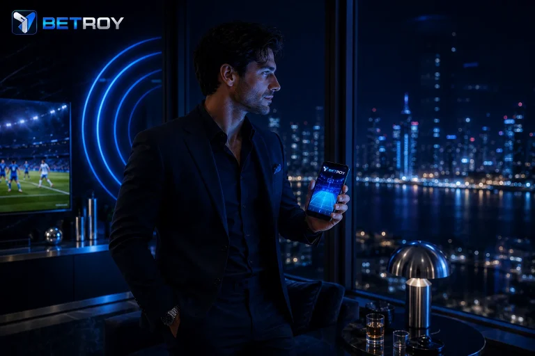 Betroy mobil: şehir manzarasına karşı telefonuna bakan takım elbiseli adam