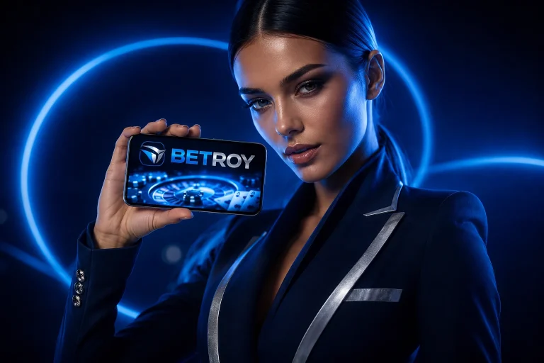 Betroy mobil: neon ışıkta telefonundan rulet oynayan takım elbiseli kadın