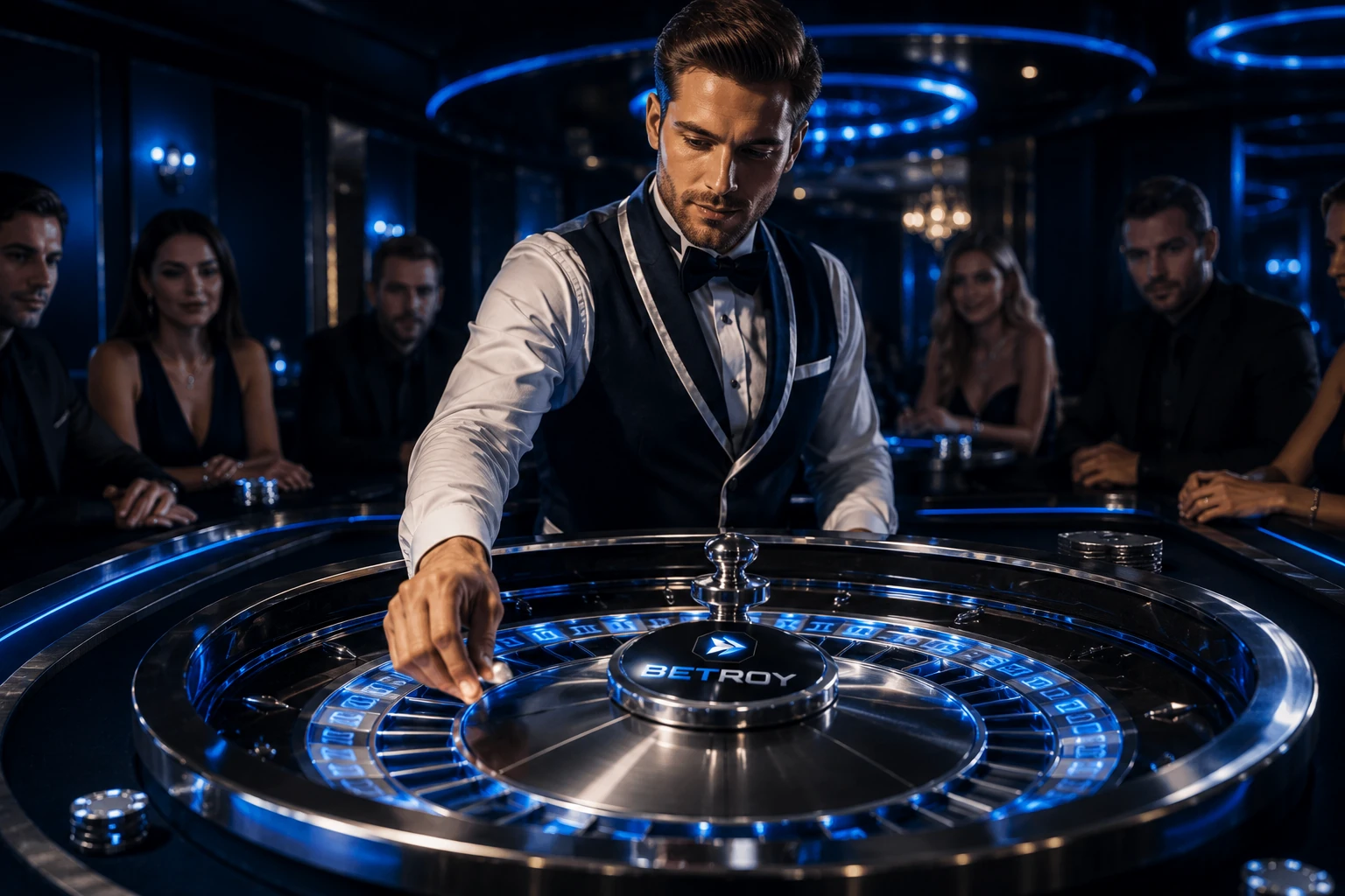Betroy mobil: canlı casinoda rulet masasında takım elbiseli krupiye