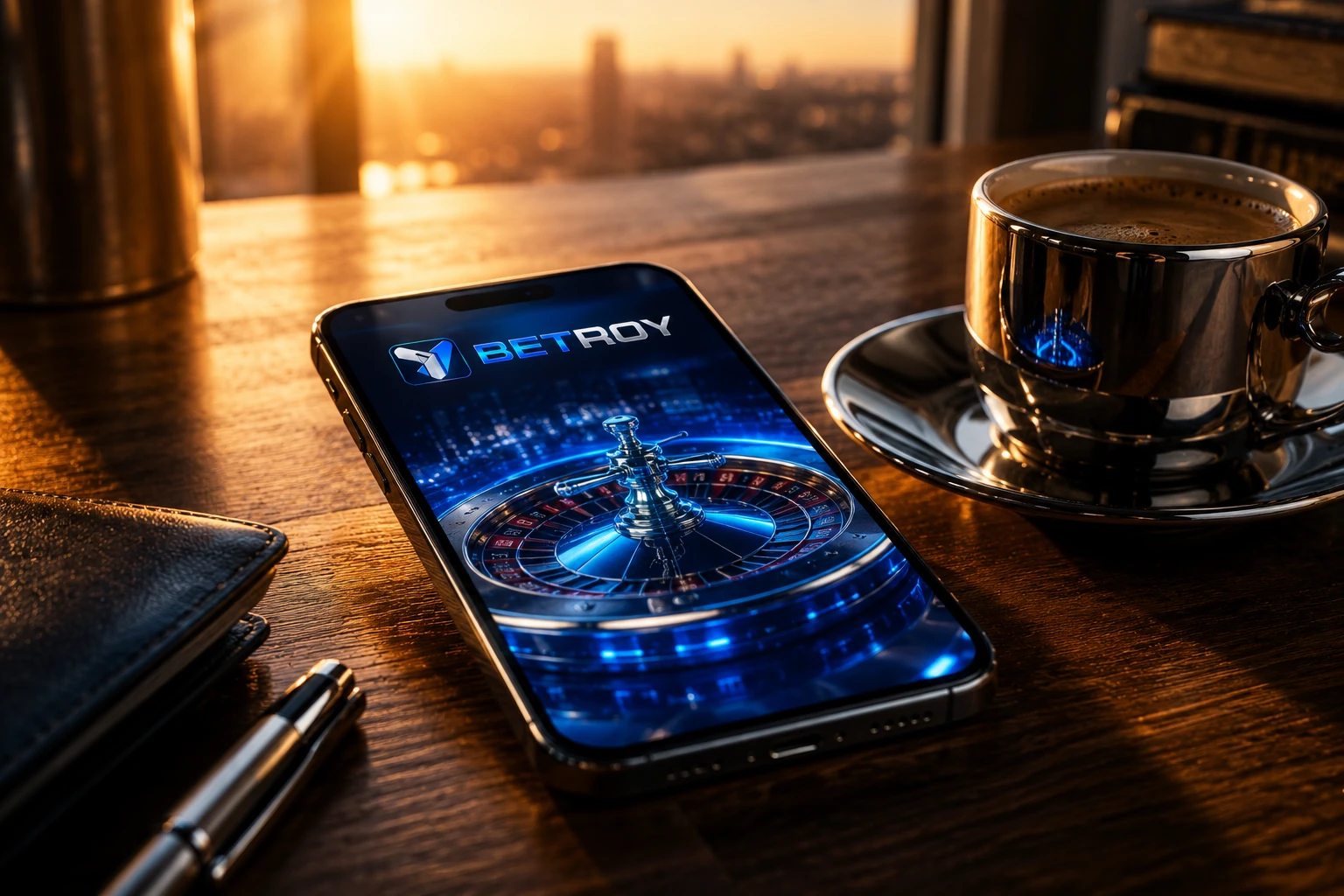 Betroy mobil: gün batımında masada telefonla rulet ve kahve